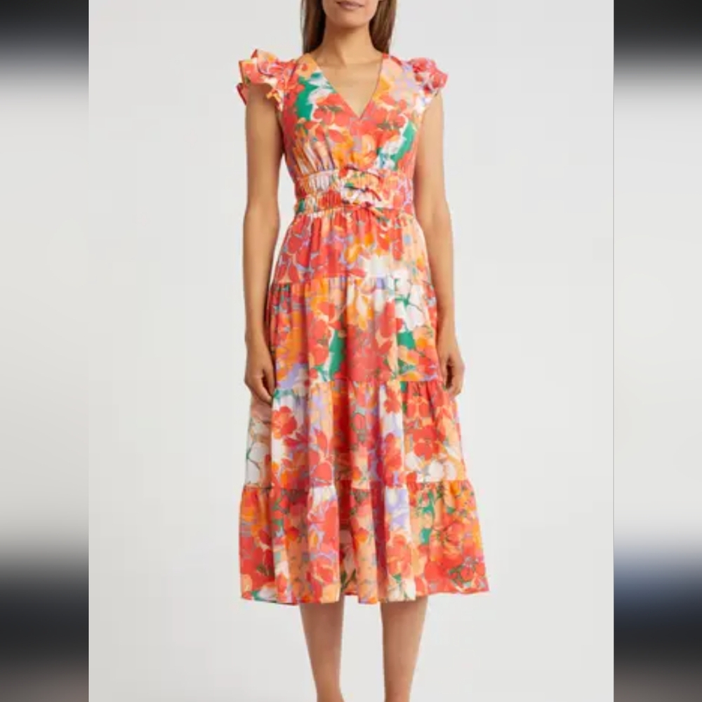 VINCE CAMUTO Floral Cap Sleeve Midi Dress NWT Size 8  Orange & Pink